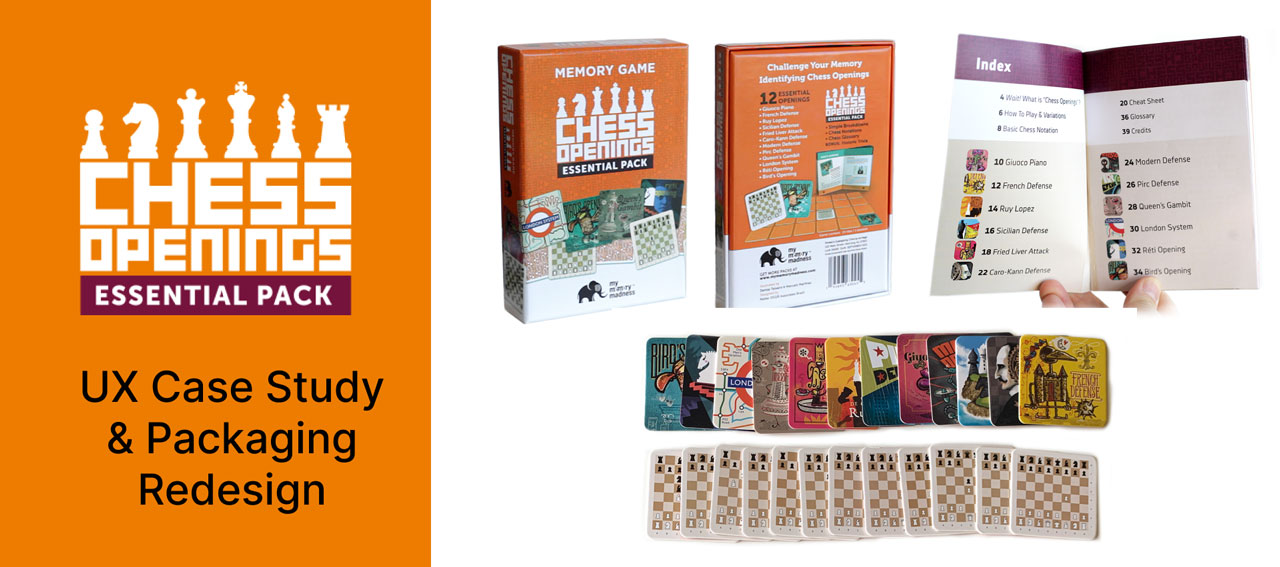 Chess openings memory matching game, redesign packaging proposal for better ux user experience